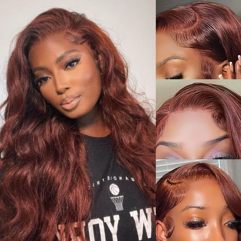 Colored wig with a red - orange hue for a warm and energetic lookFlash Sale Sunber Body Wave Grab And Go Reddish Brown Pre-Cut Lace Wigs Pre-Plucked