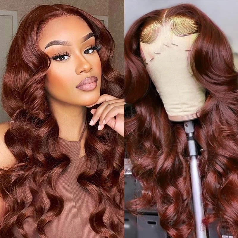 Colored wig with a silver - grey color for a trendy and cool - toned look13x4 Lace Front Body Wave 33B Auburn Color Human Hair Wigs For Sale