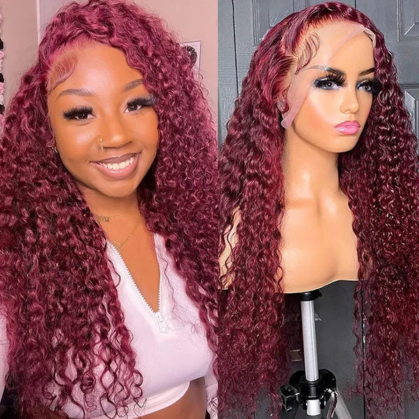 Colored wig with a purple - violet shade for a regal and elegant look13x6 Lace Front Wigs #99J Burgundy Deep Wave Hair Affordable Colored Wigs