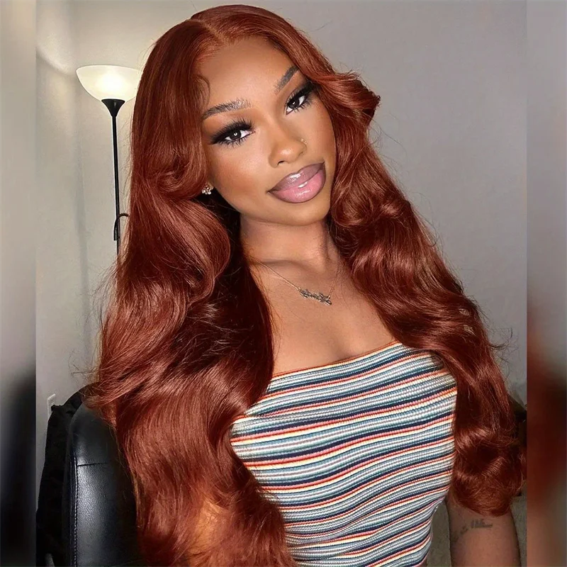 Colored wig with a red - orange hue for a warm and energetic lookHairsmarket Reddish Brown Body Wave Human Hair Wigs HD Transparent 13x6 Lace Front Glueless Wigs