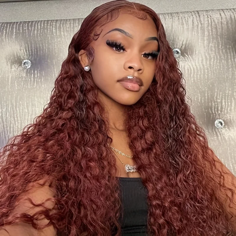 Colored wig with a wavy texture for a beachy and fun lookHairsmarket #33 Reddish Brown Deep Wave Glueless Wigs HD Transparent 13x6 Lace Front Wigs