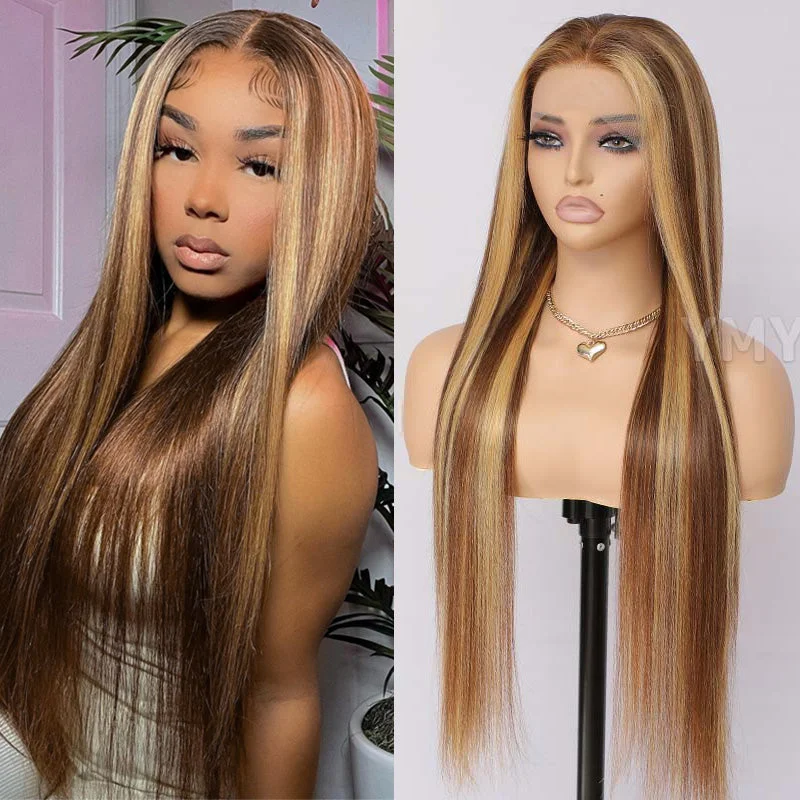 Colored wig with a 150 - density for a full and thick appearance13x4 13x6 HD Lace Wig Straight /Body Wave Glueless Piano Highlight Wigs P4/27 Human Hair Wigs Bye Bye Knots