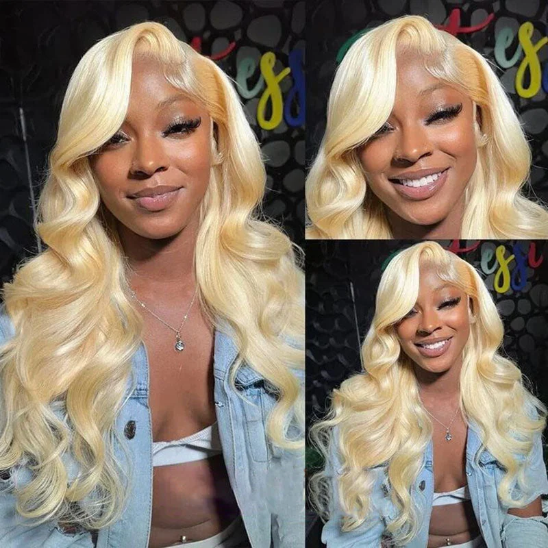 Colored wig with a straight texture for a sleek and minimalist look13x4 HD Lace Frontal Wigs 613 Blonde Body Wave Human Hair Wigs Pre Plucked Can Be Dyed