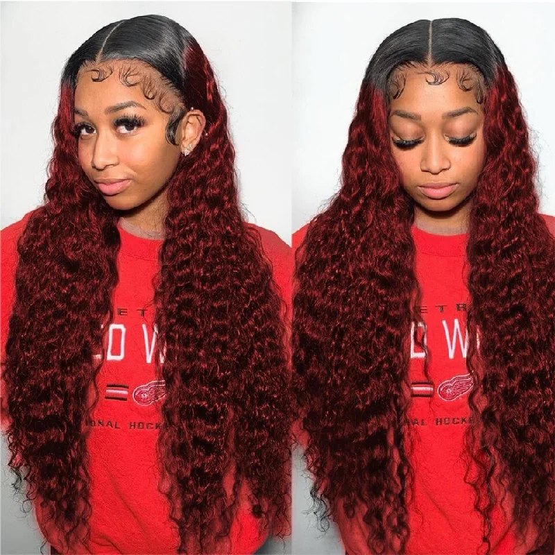 Colored wig with a wispy fringe for a soft and feminine look13x4 Lace Frontal Wig Deep Wave Human Hair Ombre 1B/burg Wine Red Colored 180% Density Wig For Women