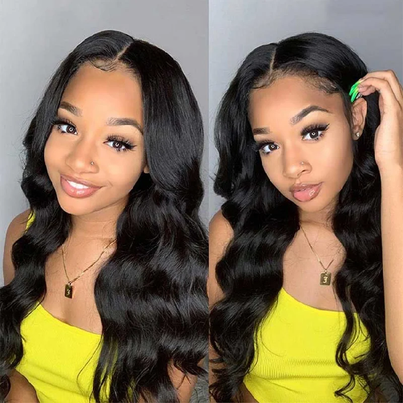 Colored wig with a wavy texture for a beachy and fun lookRebecca Fashion 13x4 Lace Front Wigs Human Hair Loose Body Wave Wigs 150% Density Natural Black Color