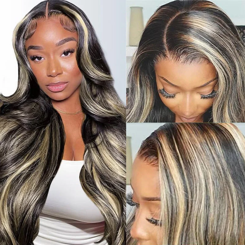 Colored wig with a side - swept bang for a sophisticated look1B/27 Highlight 13X4 13x6 Lace Frontal Human Hair Wigs Pre Bleached Body Wave Glueless Wig