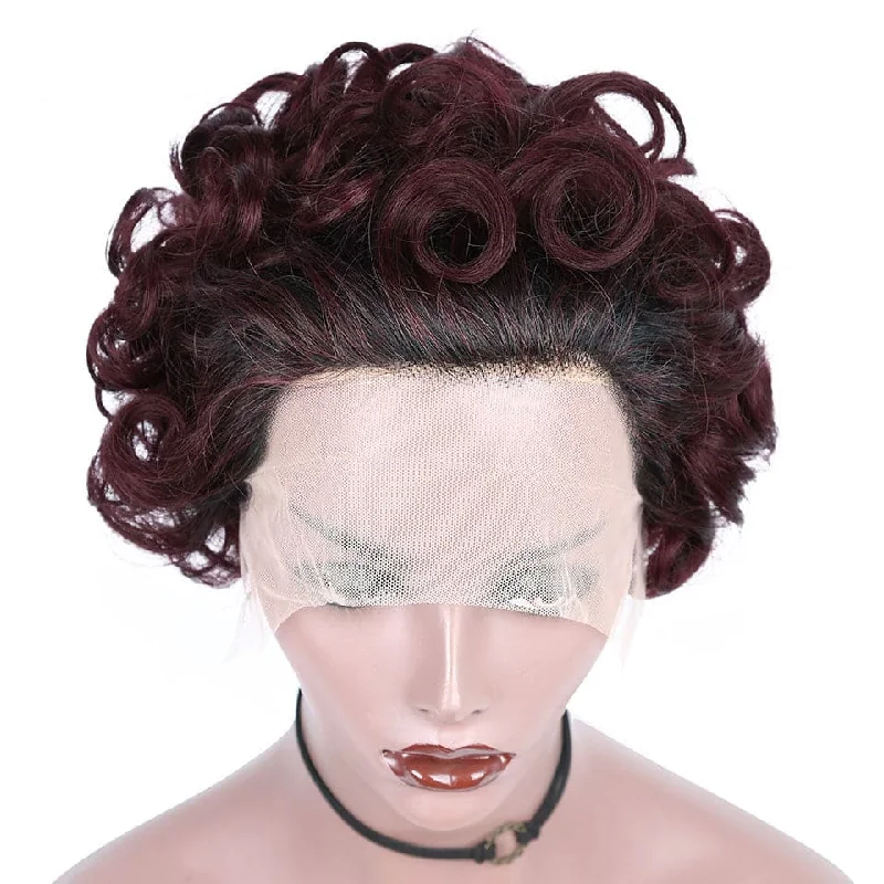 Colored wig with a natural - looking root for a more realistic look1B/99J 13x1 Lace Loose Curly Short Pixie Cut Bob Wigs For Women