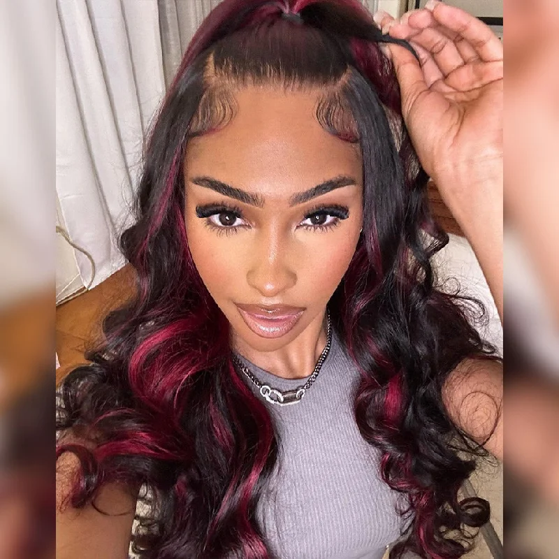 Colored wig with a red - orange hue for a warm and energetic lookHighlight Burgundy Body Wave 13x4 Full Frontal Glueless HD Lace Wigs