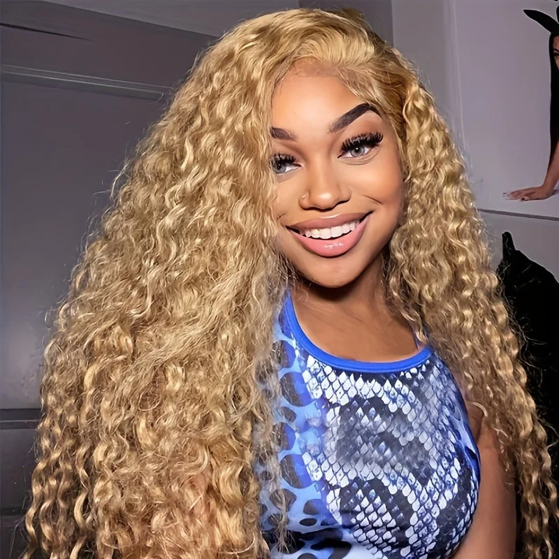 Colored wig with a curly texture for a bold and stylish choiceDeep Curly 13x4 Lace Frontal Wigs #27 Honey Blonde HD Glueless Human Hair Wigs Pre-Plucked Beginner Friendly