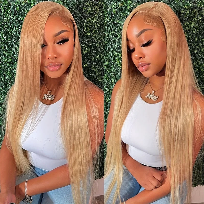 Colored wig with a side - swept bang for a sophisticated lookHairsmarket Honey Blonde #27 Color Wigs Silky Straight Pre-Plucked Glueless 13x4 Lace Front Wig