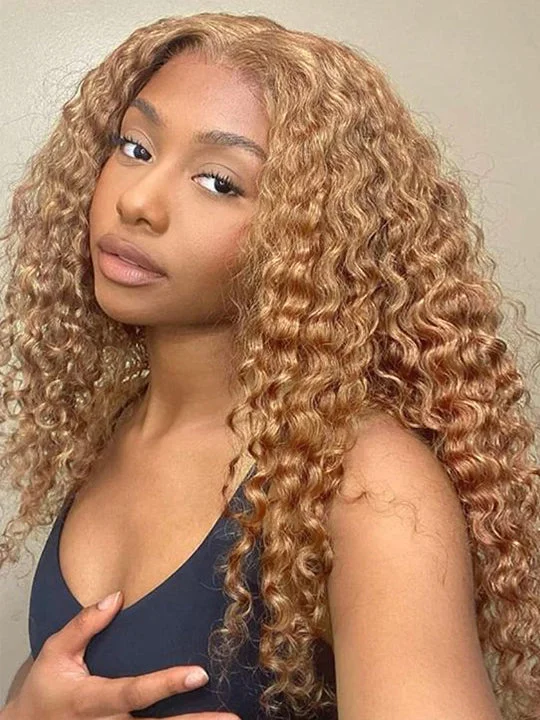 Adjustable - cap colored wig for a comfortable fitHoney Brown Curly Hair Wig Deep Wave 13x4 Lace Front Human Hair Wigs