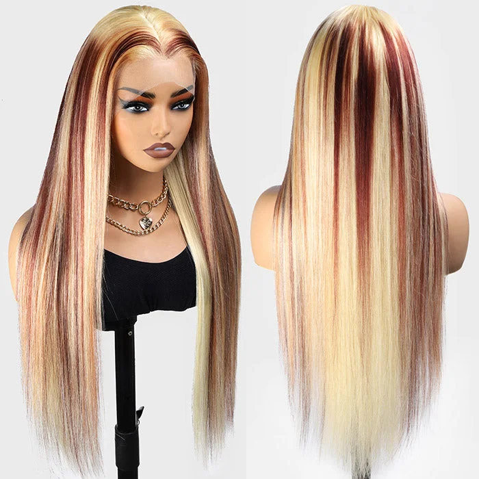 Colored wig with a pre - plucked hairline for a more natural lookBrown Wig With Blonde Highlights 13x4 Straight Hair Lace Front Wigs P4/613 HD Lace Wigs 34 Inch