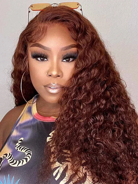 Colored wig with a middle - part for a classic and elegant style[Influencer] Reddish Brown Curly Hair 360 Lace Wig 24inch 250% Density