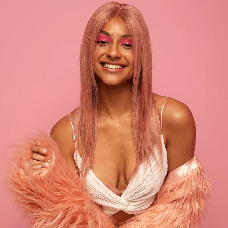 Colored wig with a wispy fringe for a soft and feminine lookRebecca Fashion Highlight Pink 4x4 Lace Simulated Scalp Wigs 100% Straight Human Hair Wigs 150% Density