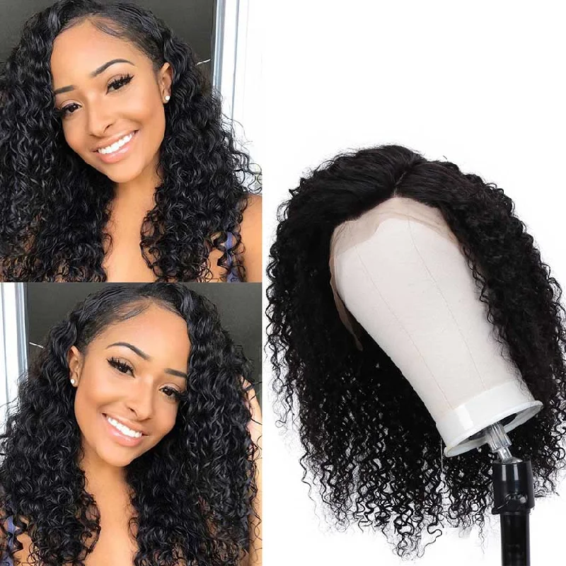 Colored wig with a 150 - density for a full and thick appearanceRebecca Fashion 4x4 Lace Front Wigs Kinky Curly Human Hair Wigs 150% Density Natural Black Color