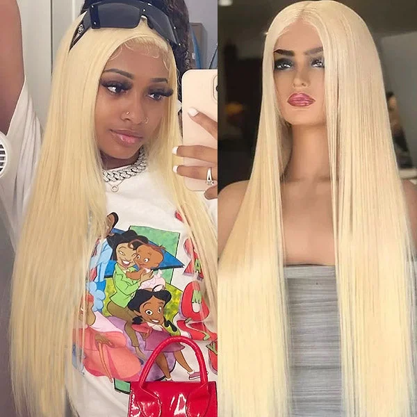 Colored wig with a side - swept bang for a sophisticated look613 Lace Front Wig Straight Human Hair Wigs 13x4 HD Lace Wig 150% Density 28 30 Inch