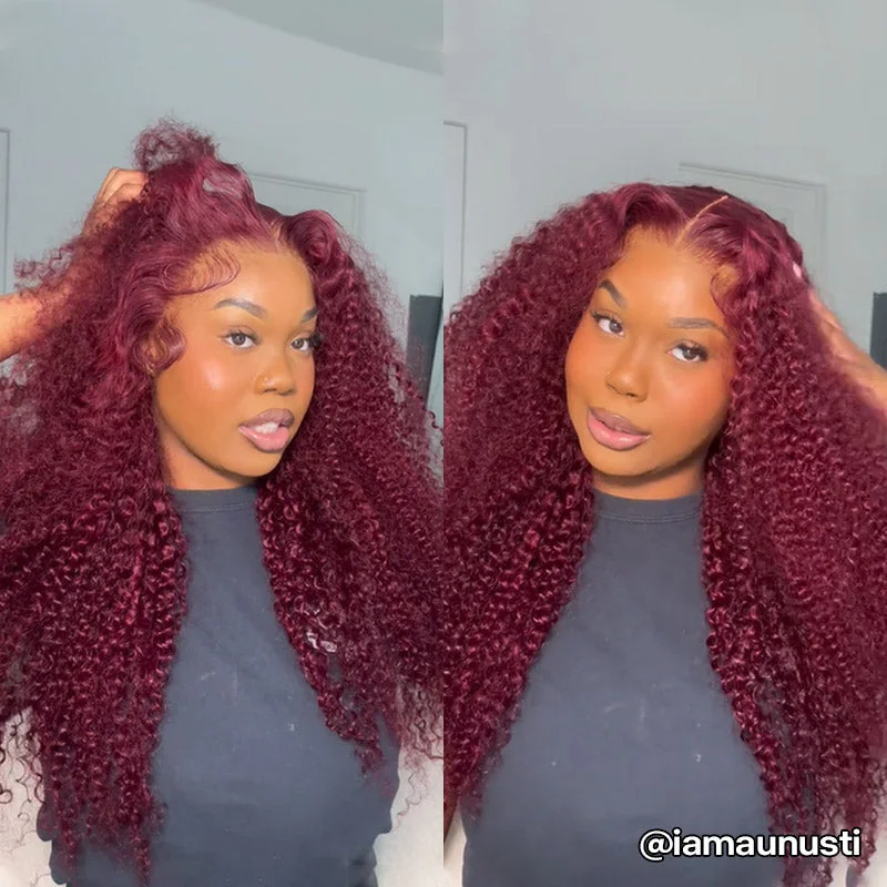 Colored wig with a pre - bleached knot for a natural - looking scalp99J Burgundy Curly 6x5 13x4 HD Lace Glueless Wigs 180% Density