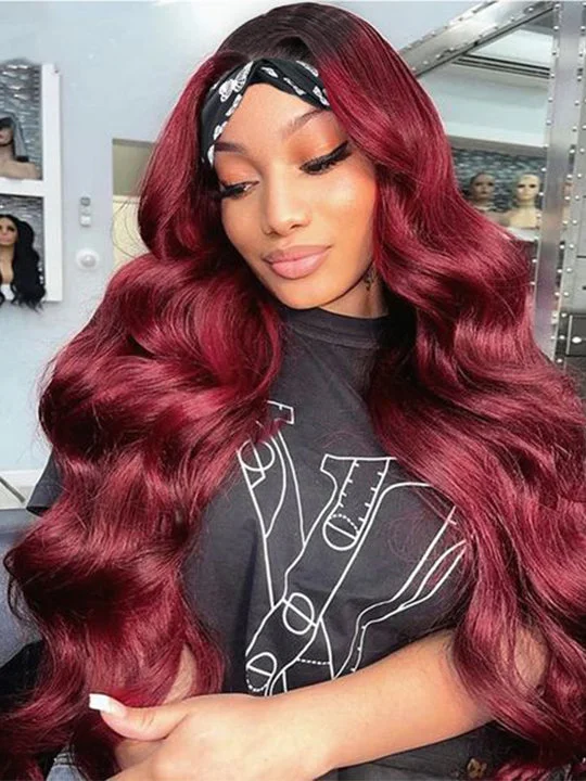 Colored wig with a middle - part for a classic and elegant style99J Burgundy Hair Headband Wig With Black Roots 3D Body Wave Human Hair Wigs