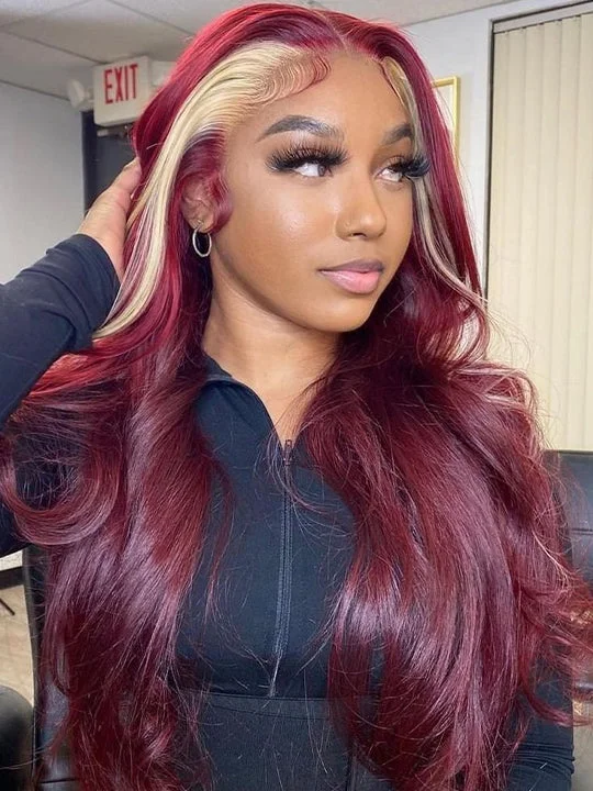 Colored wig with a straight texture for a sleek and minimalist lookRed Hair With Blonde Skunk Stripe Wig Highlights Hair 3D Body Wave 13x4 Lace Wigs