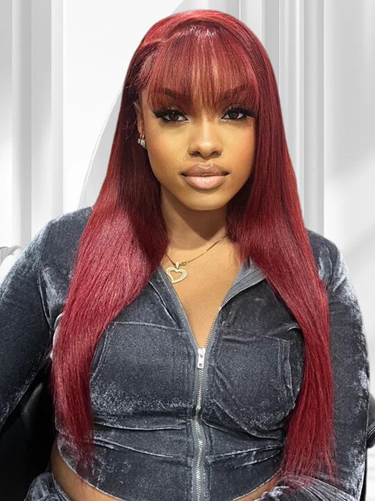 Colored wig with a side - swept bang for a sophisticated look99J Burgundy Human Hair Wig With Bangs 10A Silky Straight Hair Machine Made Wigs