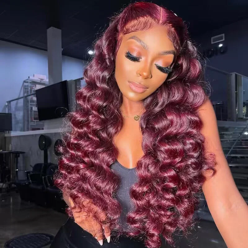 Colored wig with a wavy texture for a beachy and fun look99J Burgundy 6x5 13x4 HD Lace Wigs Loose Deep Wave Glueless Wig