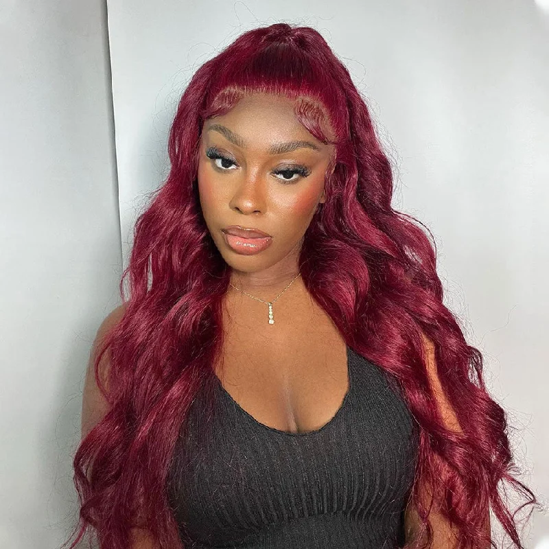 Colored wig with a purple - violet shade for a regal and elegant look99J Burgundy Straight Body Wave Glueless 13x4 HD Lace Front Wig 180% Density