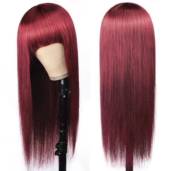 Colored wig with a pre - plucked hairline for a more natural lookStraight Hair 99J# Colored Virgin Human Hair Wigs Machine Made Wigs With Bangs