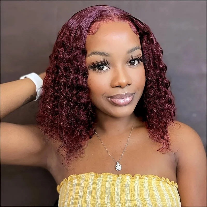 Colored wig in a vibrant pink color for a bold and eye - catching look99J Deep Wave Lace Front Wigs Human Hair Short Bob Wigs Burgundy Colored Wig