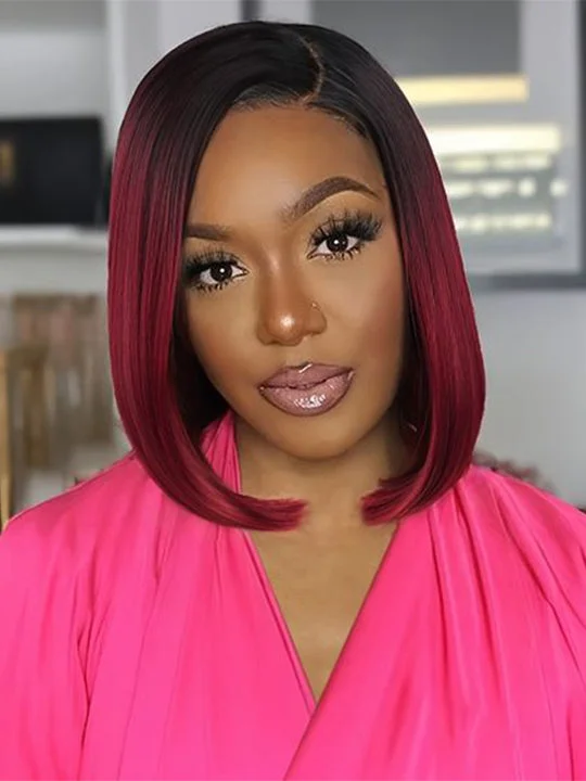 Synthetic colored wig with a heat - resistant formula for easy styling1B/99J Red Burgundy Wig Bob 13x4 Transparent Lace Straight Human Hair Wigs