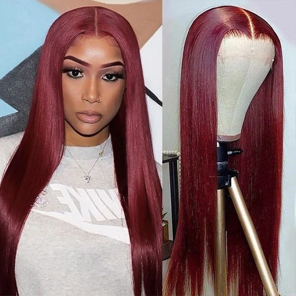 Colored wig with a pre - plucked hairline for a more natural look99J Lace Closure Wigs 4x4 Straight Hair Lace Front Wig HD Wigs 32 Inch