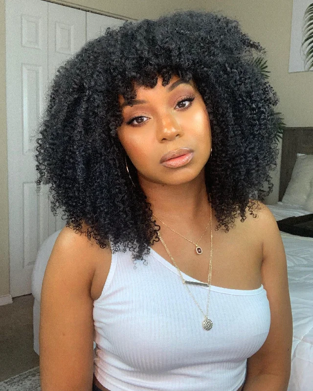 Synthetic colored wig with a heat - resistant formula for easy stylingAfro Kinky Curly Brazilian Human Hair 150% Density Closure Lace Wig With Bangs