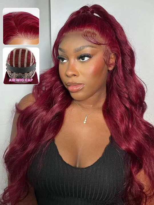 Colored wig with a wispy fringe for a soft and feminine look[Air Wig] 99J Burgundy 13x4 Lace Front Wig 3D Body Wave With Breathable Cap