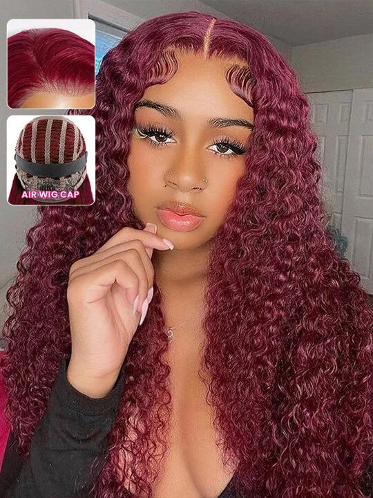 Colored wig with a natural - looking root for a more realistic look[Air Wig] 99J Burgundy 13x4 Lace Wig Deep Curly Human Hair