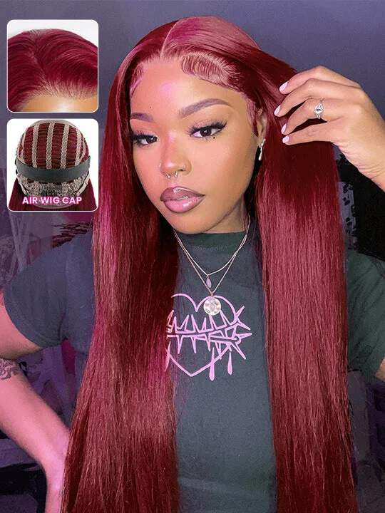 Synthetic colored wig with a heat - resistant formula for easy styling[Air Wig] 99J Burgundy 13x4 Lace Wig Straight Human Hair