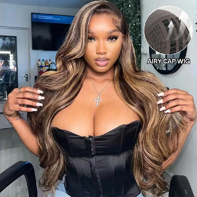 Colored wig with a curly texture for a bold and stylish choiceAiry Cap | Wear Go Glueless Highlight P4/27 Body Wave Pre Cut 7x5 HD Lace Wig