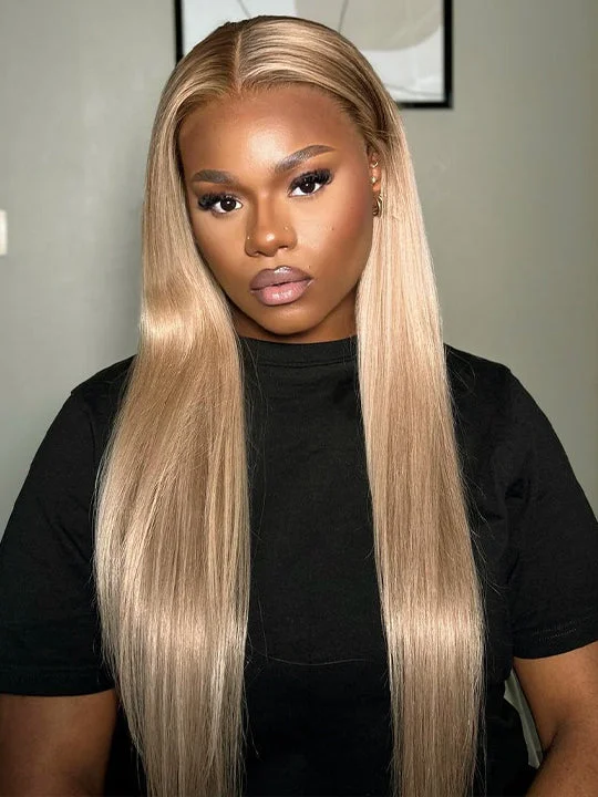 Colored wig with a 150 - density for a full and thick appearanceDark Roots Ash Blonde Straight Wig Blonde With Brown Root 13x4 Transparent Lace Frontal Wigs