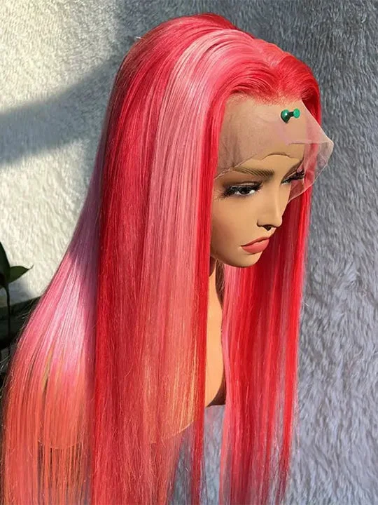 Adjustable - cap colored wig for a comfortable fitPink Highlight Wig 13x4 HD Lace Frontal Wigs Straight Human Hair