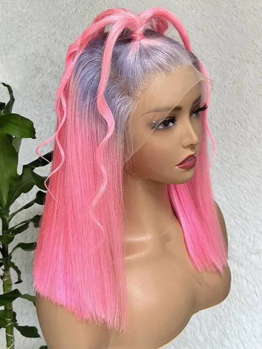 Colored wig with a pre - plucked hairline for a more natural lookSilver-Pink Ombre Wig Bob 13x4 HD Lace Wigs Human Hair