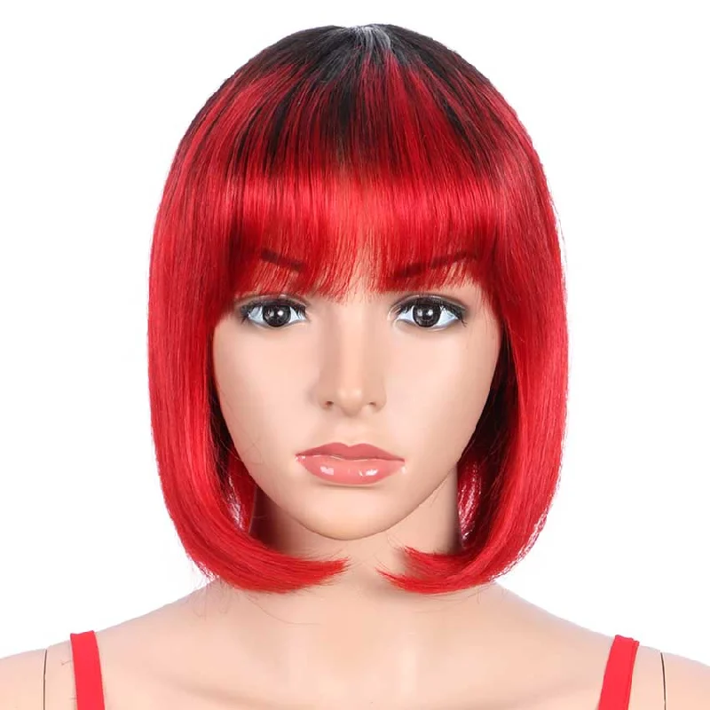 Adjustable - cap colored wig for a comfortable fitRebecca Fashion Basic Cap Straight Bob Wigs Ombre Short Wigs With Bangs TT1B/RED