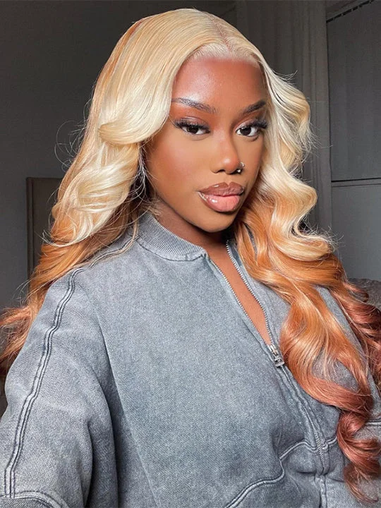 Colored wig with a side - swept bang for a sophisticated lookBlonde Brown Ombre Wig 3D Body Wave 13x4 HD Lace Frontal Human Hair Wigs