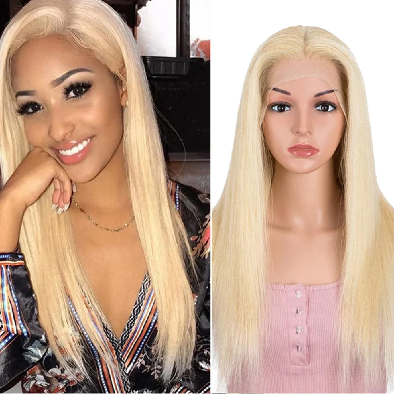 Human - hair colored wig for a natural and luxurious feelRebecca Fashion #613 Blonde 13x4 Lace Frontal Wigs Straight Human Hair Wigs 150% Density