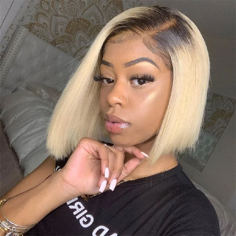 Colored wig with a natural - looking root for a more realistic lookBlonde Ombre Straight Hair 13x4 Lace Front Bob Wigs 150% Density