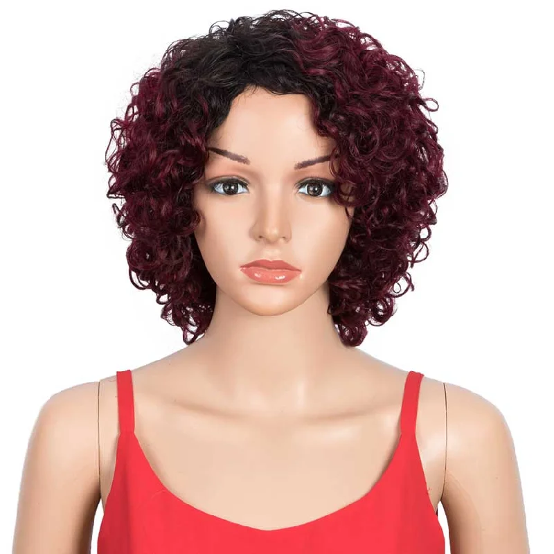 Colored wig in a vibrant pink color for a bold and eye - catching lookRebecca Fashion Short Wavy Bob Wigs Ombre Color Black Root to Red Human Hair Wigs