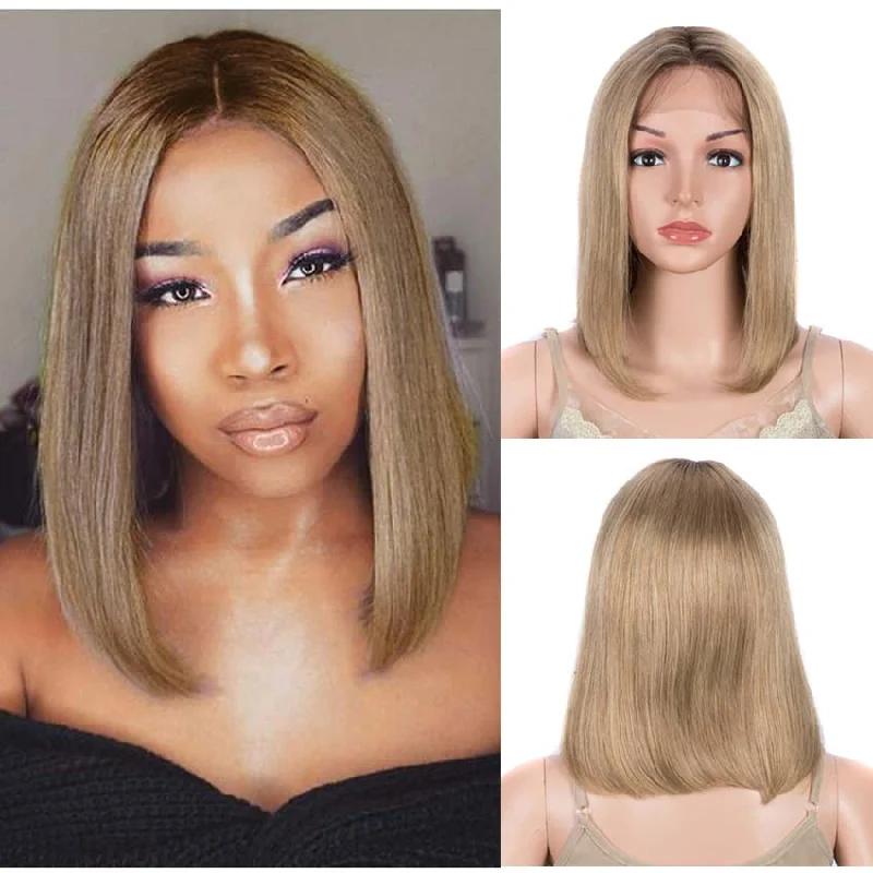 Adjustable - cap colored wig for a comfortable fitRebecca Fashion Brown Blonde Highlights Bob Wig 12 Inch Part Lace Human Hair Wig