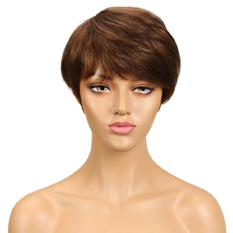 Colored wig with a wavy texture for a beachy and fun lookRebecca Fashion Brown Pixie Cut Wig Short Style Human Hair Wigs With Bangs