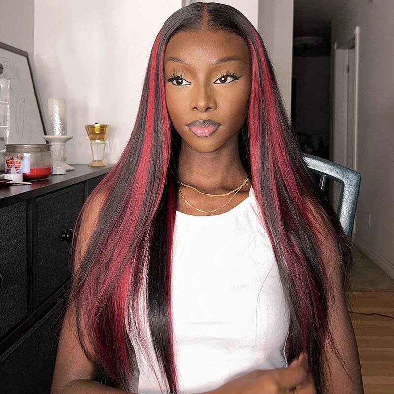 Colored wig with a pre - plucked hairline for a more natural lookHighlight Burgundy With Dark Roots Glueless Straight 13x4 HD Lace Frontal Wigs