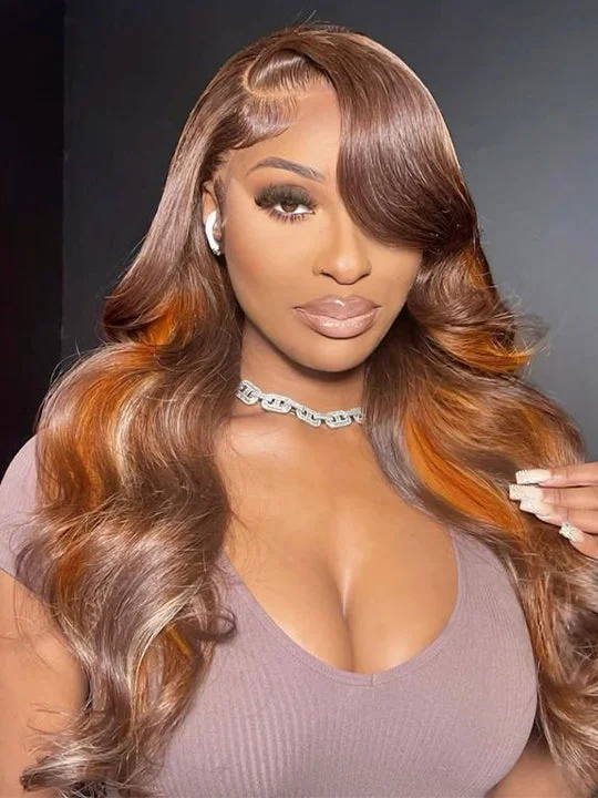 Colored wig with a pre - plucked hairline for a more natural lookChocolate Brown With Ginger Highlights 3D Body Wave 5X5 13x4 13x6 Lace Frontal Wigs