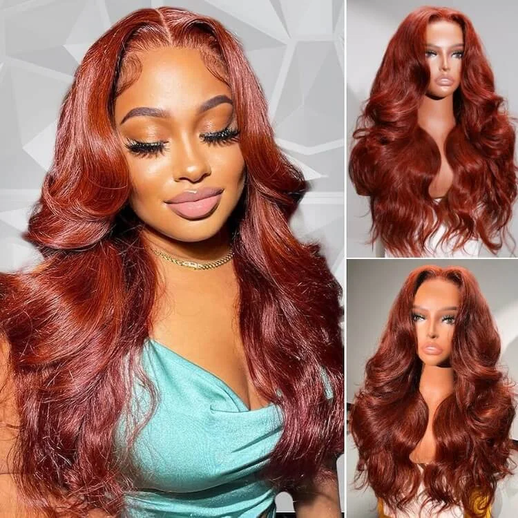 Colored wig with a side - part for a more flattering appearanceSunber Reddish Brown Body Wave7*5 Pre Cut Lace Dark Auburn Copper Color 13*4 Lace Front Wigs Flash Sale