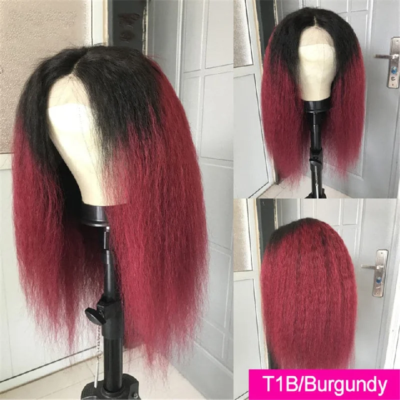 Colored wig with a middle - part for a classic and elegant styleLumiere 1B/BURG Ombre Kinky Straight 4x4/5x5/13x4 Lace Closure/Frontal 150%/180% Density Wigs For Women Pre Plucked