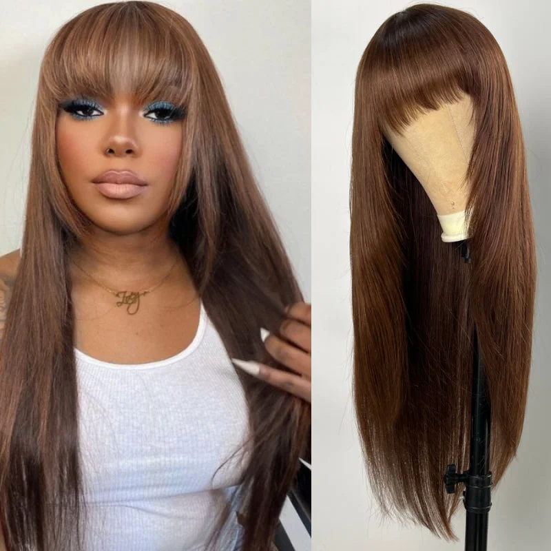 Colored wig with a pre - bleached knot for a natural - looking scalpFlash Sale Sunber Chocolate Brown Layer Cut Straight Glueless Wigs Affordable Human Hair Wigs